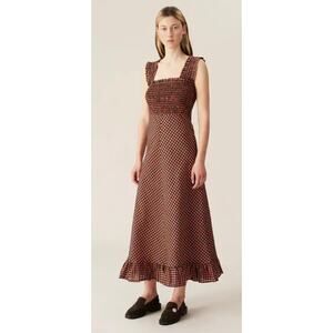 GANNI Seersucker Checkered Ruffle Sleeve Smocked Maxi Dress, Orange/Black, 4 NWT